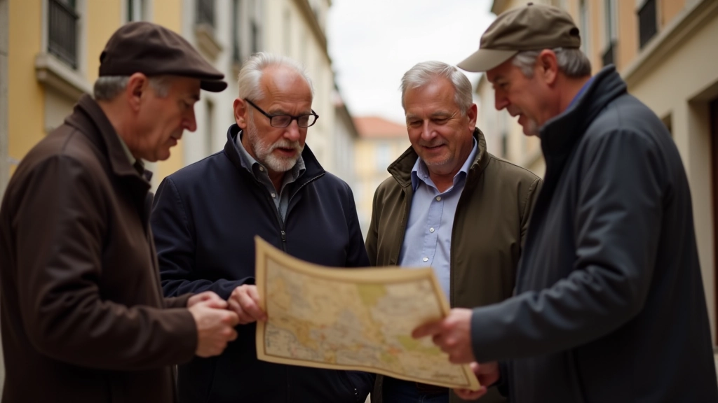Small group of adults gathered around a paper map outdoors, discussing clues and route planning in Portuguese town setting