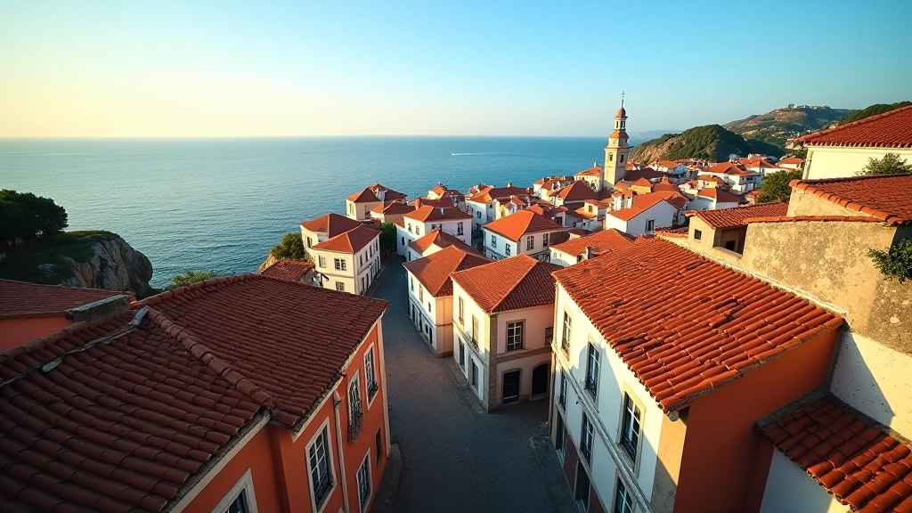 Scenic view of Portuguese coastal town with terracotta roofs and historic architecture, perfect backdrop for mystery adventure route